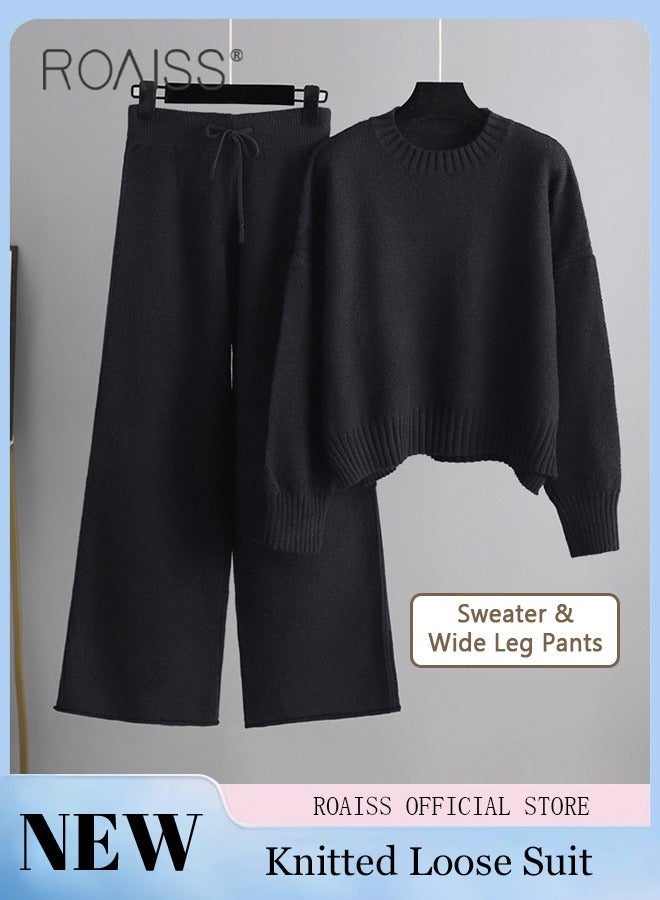 رويس ملابس نسائية من قطعتين، بدلة محبوكة كبيرة الحجم مع سترة بولوفر وسروال واسع الساقين، طقم مريح للسيدات، مناسب للارتداء اليومي أو في المنزل أو في أي مناسبة غير رسمية - Image 4